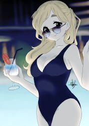 1girl absurdres bare_arms black_one-piece_swimsuit blonde_hair blue_eyes blurry blurry_background breasts cleavage_cutout clothing_cutout collarbone cup drinking_straw glasses highres holding holding_cup k-on! kicchi_(tmgk) kotobuki_tsumugi large_breasts lips long_hair looking_at_viewer one-piece_swimsuit pool signature smile swimsuit thighs tropical_drink