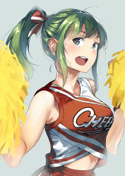 Rule 34 | 1girl, absurdres, blue eyes, blush, breasts, cheerleader, green hair, hair ribbon, hands up, highres, looking at viewer, medium breasts, open mouth, original, pom pom (cheerleading), ponytail, red ribbon, red skirt, ribbon, sidelocks, simple background, sketch, skirt, smile, solo, striped ribbon, sweat, twinpoo, upper body