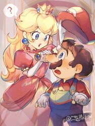 Rule 34 | 1boy, 1girl, ?, absurdres, blonde hair, blue eyes, blue overalls, brooch, brown hair, collared shirt, commentary request, crown, dress, earrings, elbow gloves, facial hair, gloves, hanaon, hat, unworn headwear, highres, jewelry, looking at another, mario, mario (series), mini crown, mustache, nintendo, nose grab, overalls, pearl earrings, pink dress, princess peach, red headwear, shirt, sphere earrings, spoken question mark, sweatdrop, the super mario bros. movie, white gloves