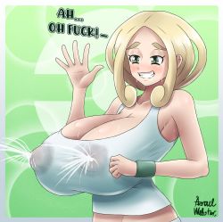 Rule 34 | 1girl, azraelwebster, blonde hair, blush, breasts, covered erect nipples, creatures (company), female focus, game freak, green eyes, heart, heart-shaped pupils, highres, huge breasts, lactation, lactation through clothes, nintendo, pokemon, pokemon xy, projectile lactation, short hair, solo, sweat, symbol-shaped pupils, viola (pokemon), wristband