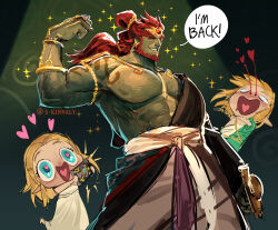 Rule 34 | 1girl, 2boys, abs, archaic set (zelda), armlet, asymmetrical clothes, bare pectorals, beard, biceps, blonde hair, blood, blue eyes, blush, brown tunic, chibi, colored skin, dress, drooling, facial hair, flexing, forehead jewel, ganondorf, green skin, green tunic, heart, heart in eye, heart in mouth, highres, holding, holding sword, holding weapon, large pectorals, leg up, link, mature male, mouth drool, multiple boys, muscular, muscular male, nintendo, nosebleed, off-shoulder dress, off shoulder, pectorals, princess zelda, red hair, rehydrated ganondorf, sara kinnaly, self hug, sheikah slate, single bare shoulder, sparkle, squee, sword, symbol in eye, taking picture, the legend of zelda, the legend of zelda: tears of the kingdom, weapon, white dress