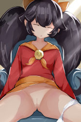 Rule 34 | 1girl, :o, arms at sides, artist request, ashley (warioware), big hair, black hair, bottomless, cleft of venus, closed eyes, clothes lift, dress, dress lift, facing viewer, female focus, hairband, highres, kitami tsuzuka, light rays, long hair, long sleeves, neckwear request, nintendo, no nose, on chair, open mouth, orange hairband, orange neckwear, panties, panties around leg, parted lips, pussy, red dress, sidelocks, sitting, skull, sleep molestation, sleeping, solo, spread legs, sunlight, twintails, uncensored, underwear, very long hair, warioware, white panties, witch