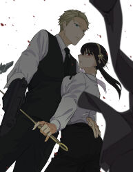 Rule 34 | 1boy, 1girl, black hair, breast press, breasts, dagger, earrings, formal, gold earrings, gold hairband, hair ornament, hairband, highres, holding, holding dagger, holding knife, holding weapon, husband and wife, jewelry, knife, large breasts, long hair, long sleeves, shirt, sidelocks, simple background, spy x family, stiletto (weapon), suit, sunbo zatta, twilight (spy x family), weapon, yor briar