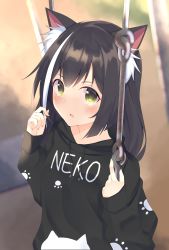 Rule 34 | absurdres, animal ear fluff, animal ears, black hair, black hoodie, blush, cat ears, cat girl, commentary request, drawstring, hands up, highres, hood, hood down, hoodie, karyl (princess connect!), long hair, looking at viewer, multicolored hair, parted lips, paw print, princess connect!, sidelocks, sleeves past wrists, streaked hair, swing, upper body, white hair, zeatto