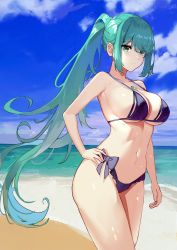 Rule 34 | 1girl, absurdres, armpits, bare arms, bare shoulders, beach, bikini, black bikini, breasts, cleavage, cloud, collarbone, cowboy shot, day, green eyes, green hair, halterneck, hand on own hip, highres, large breasts, long hair, looking at viewer, maanu, navel, ocean, outdoors, pneuma (xenoblade), ponytail, side-tie bikini bottom, sidelocks, skindentation, smile, solo, standing, stomach, strap gap, string bikini, swimsuit, thighs, very long hair, wet, xenoblade chronicles (series), xenoblade chronicles 2