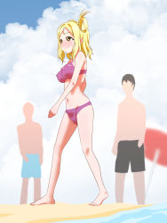 Rule 34 | 1girl, 2girls, barefoot, beach, blush, bodypaint, breasts, cleft of venus, closed mouth, cloud, cloudy sky, exhibitionism, full body, hair rings, highres, large breasts, love live!, love live! sunshine!!, medium hair, multiple girls, navel, nipples, nude, ohara mari, outdoors, painted clothes, public indecency, sarura, shore, sky, solo focus, standing, sweatdrop, toes, umbrella, water, yellow eyes