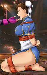 Rule 34 | 2girls, arms behind back, ass, barefoot, bdsm, body blush, bondage, bound, bound ankles, bound arms, bound legs, bound wrists, breasts, brown eyes, brown hair, bun cover, capcom, chain, chinese clothes, chun-li, cloth gag, double bun, fingerless gloves, from side, gag, gagged, gloves, hair bun, han juri, highres, improvised gag, kneeling, large breasts, legs, long legs, looking at another, looking away, lost one zero, multiple girls, nail polish, seiza, short hair, sitting, street fighter, sweat, tape, tape bondage