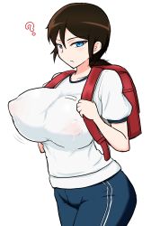 Rule 34 | 10s, 1girl, ?, absurdres, backpack, bag, blue eyes, blush, breasts, brown hair, cube (huidama), covered erect nipples, girls und panzer, highres, huge breasts, looking at viewer, nonna (girls und panzer), randoseru, simple background, solo, standing, white background