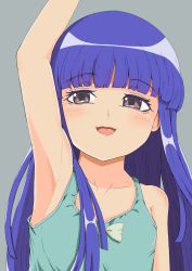 Rule 34 | 1girl, arm up, armpits, artist request, blue hair, blush, furude rika, highres, higurashi no naku koro ni, long hair, looking at viewer, presenting armpit, purple eyes, smile, solo