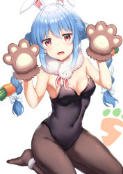 Rule 34 | 1girl, animal ear fluff, animal ears, animal hands, bad id, bad pixiv id, bare shoulders, black leotard, blue hair, blush, bow, braid, breasts, brown gloves, brown pantyhose, carrot hair ornament, commentary request, covered navel, food-themed hair ornament, gloves, hair between eyes, hair bow, hair ornament, hands up, highres, hololive, leotard, long hair, looking at viewer, miya (tokumei), multicolored hair, no shoes, open mouth, pantyhose, paw gloves, playboy bunny, rabbit ears, rabbit tail, red eyes, seiza, short eyebrows, sidelocks, sitting, small breasts, solo, strapless, strapless leotard, thick eyebrows, twin braids, twintails, two-tone hair, usada pekora, very long hair, virtual youtuber, white background, white bow, white hair
