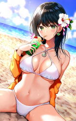 Rule 34 | 1girl, bare shoulders, beach, bikini, black hair, blue sky, breasts, breasts apart, cherry, cloud, criss-cross halter, cup, day, drinking, drinking glass, drinking straw, earrings, flower, food, fruit, green eyes, hair flower, hair ornament, halterneck, heart, jacket, jewelry, large breasts, long hair, long sleeves, looking at viewer, navel, nishizawa, ocean, off shoulder, open clothes, open jacket, orange jacket, original, outdoors, sand, sitting, sky, solo, spread legs, stomach, sunlight, swimsuit, thighs, tropical drink, white bikini, white flower