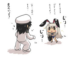 Rule 34 | 10s, 1boy, 1girl, admiral (kancolle), animal ears, bare legs, black hair, blonde hair, blue eyes, blush stickers, bow, bowtie, chibi, detached collar, fake animal ears, flower, gloves, goma (gomasamune), hair flower, hair ornament, hat, high heels, holding, holding clothes, kantai collection, long hair, military, military hat, military uniform, open mouth, peaked cap, playboy bunny, rabbit ears, ro-500 (kancolle), school swimsuit, sweatdrop, swimsuit, tan, tanline, translation request, uniform, white gloves