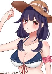 Rule 34 | 1girl, absurdres, bikini, breasts, brown hat, cleavage, collarbone, commentary request, dated, hair flaps, hat, highres, kantai collection, large breasts, long hair, looking at viewer, low twintails, one-hour drawing challenge, purple hair, red eyes, simple background, smile, solo, sun hat, swimsuit, taigei (kancolle), tamako (sui 8931), twintails, two-tone bikini, white background
