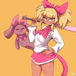 Rule 34 | 1girl, baseball bat, blonde hair, blunt bangs, blush, bow, character request, closed mouth, copyright request, dark-skinned female, dark skin, green eyes, hairband, highres, holding, holding baseball bat, long sleeves, looking at viewer, pink bow, pink skirt, ryou sakai, short hair, short twintails, skirt, twintails