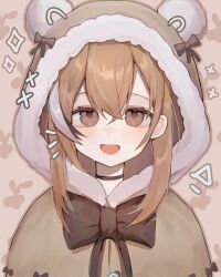 Rule 34 | 1girl, :d, animal hood, bear hood, berry, brown capelet, brown eyes, brown hair, capelet, crossed bangs, drawn ears, fruit background, fur trim, highres, hololive, hololive english, hood, long hair, looking at viewer, multicolored hair, nanashi mumei, notice lines, official alternate costume, open mouth, portrait, ribbon, simple background, smile, sparkle, streaked hair, szuukie, virtual youtuber