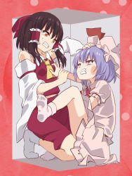 Rule 34 | 2girls, angry, ascot, bare shoulders, blue hair, bow, box, brown eyes, brown hair, clenched teeth, collared shirt, commentary request, detached sleeves, dress, fang, frilled hair tubes, frilled skirt, frills, grabbing, hair bow, hair tubes, hakurei reimu, hand on another&#039;s head, hat, hat ribbon, highres, in box, in container, knee up, kneeling, leon (mikiri hassha), long sleeves, medium hair, midriff peek, mob cap, multiple girls, no shoes, pink dress, pink headwear, pink legwear, puffy short sleeves, puffy sleeves, red ascot, red background, red bow, red eyes, red shirt, red skirt, remilia scarlet, ribbon, shirt, short hair, short sleeves, sitting, skirt, skirt set, sleeveless, sleeveless shirt, socks, sweat, teeth, thighs, touhou, trapped, white legwear, wide sleeves, yellow ascot