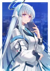 Rule 34 | 1girl, arm support, artist name, blue archive, blue hair, blue jacket, blue necktie, blue sky, blurry, blurry background, blush, border, breasts, building, city, closed mouth, collared shirt, fingernails, gradient hair, grey hair, hagiwara rin, halo, hand up, highres, holding, holding notebook, hood, hooded jacket, jacket, light blue hair, long hair, long sleeves, looking at viewer, medium breasts, multicolored hair, necktie, noa (blue archive), notebook, open clothes, open jacket, outside border, pleated skirt, puffy long sleeves, puffy sleeves, purple eyes, rain, shirt, sidelocks, skirt, sky, skyscraper, smile, solo, standing, two-sided fabric, two-sided jacket, white border, white jacket, white shirt, white skirt