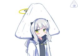 Rule 34 | 1girl, absurdres, blue archive, blush, food, food-themed hair ornament, green eyes, green halo, hair ornament, halo, hare (blue archive), highres, jacket, oekaki onigiri, onigiri, onigiri hair ornament, onigiri print, pun, white background