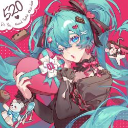 Rule 34 | aqua hair, black choker, black shirt, blue eyes, bow, box, cake, choker, earrings, english text, food, frilled choker, frills, gift, gift box, hair ribbon, hairpin, hatsune miku, heart, heart earrings, highres, holding, holding gift, holding heart, jewelry, kako (pixiv77158173), long hair, looking at viewer, multiple hairpins, one eye closed, open mouth, pink bow, puffy sleeves, ribbon, shirt, twintails, very long hair, vocaloid, white ribbon