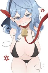 Rule 34 | 1girl, ako (blue archive), anger vein, bell, bikini, blue archive, blue eyes, blue hair, blue hairband, blush, breasts, cowbell, hair between eyes, hairband, highres, image sample, large breasts, leash, looking at viewer, medium hair, navel, neck bell, nk ym2, red ribbon, ribbon, simple background, solo, swimsuit, twitter sample, white background