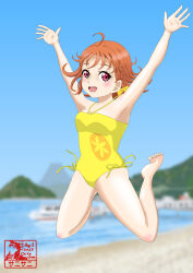 Rule 34 | 1girl, absurdres, blue sky, breasts, highleg, highleg swimsuit, highres, love live!, love live! sunshine!!, medium breasts, mountain, one-piece swimsuit, ship, sky, swimsuit, takami chika, watercraft, yellow one-piece swimsuit