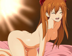Rule 34 | 1girl, bed sheet, breasts, brown hair, collarbone, completely nude, closed eyes, female masturbation, fingering, headpiece, kneeling, long hair, masturbation, neon genesis evangelion, nipples, nude, open mouth, pussy juice, small breasts, solo, souryuu asuka langley, thighs, tomoncho