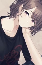 1girl ae_iueo black_shirt brown_hair collarbone commentary_request head_rest highres higuchi_madoka idolmaster idolmaster_shiny_colors looking_at_viewer mole mole_under_eye print_shirt shirt short_hair solo swept_bangs t-shirt