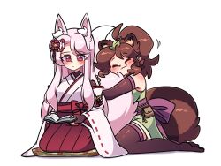 Rule 34 | 2girls, animal ears, black gloves, blush, book, breasts, brown gloves, brown hair, brown thighhighs, closed eyes, closed mouth, elbow gloves, fingerless gloves, fox ears, fox girl, fox tail, gloves, highres, holding, holding book, hugging another&#039;s tail, hugging tail, japanese clothes, leaf, leaf on head, littlecloudie, long hair, medium breasts, miko, multiple girls, original, raccoon ears, raccoon girl, raccoon tail, red eyes, seiza, short hair, short ponytail, simple background, sitting, tail, thighhighs, wariza, white background, white hair