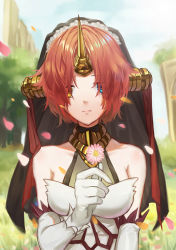Rule 34 | 1girl, absurdres, blue eyes, breasts, daisy, day, elbow gloves, eyes visible through hair, fate/apocrypha, fate (series), flower, frankenstein&#039;s monster (fate), gloves, hair over one eye, heterochromia, highres, holding, holding flower, horns, long hair, looking at viewer, medium breasts, outdoors, petals, pink flower, red hair, short hair, sideboob, single horn, solo, upper body, white gloves, xtears kitsune, yellow eyes