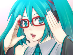Rule 34 | 1girl, aqua eyes, aqua hair, bespectacled, glasses, hatsune miku, headphones, headset, inu1tou, lips, long hair, looking at viewer, matching hair/eyes, nail polish, necktie, open mouth, portrait, red-framed eyewear, solo, twintails, vocaloid