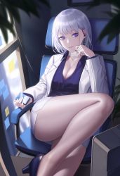 Rule 34 | 1girl, 3v ju, absurdres, bandaged neck, bandages, bare legs, breasts, chair, cleavage, closed mouth, collarbone, earpiece, feet out of frame, formal, girls&#039; frontline, hand on own cheek, hand on own face, high heels, highres, holding, jacket, legs, looking at viewer, medium breasts, office, office chair, office lady, official alternate costume, official style, open clothes, open jacket, parted lips, purple eyes, purple footwear, purple shirt, rpk-16 (girls&#039; frontline), rpk-16 (renate) (girls&#039; frontline), shirt, short hair, sitting, skirt, smile, solo, suit, swivel chair, thighs, white hair, white jacket, white skirt
