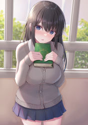 Rule 34 | 1girl, absurdres, black hair, blue skirt, blush, book, breasts, brown cardigan, cardigan, collarbone, commentary request, day, fingernails, hair between eyes, hands up, head tilt, highres, holding, holding book, indoors, large breasts, long hair, looking at viewer, nohhun, original, parted lips, pleated skirt, school uniform, shirt, skirt, solo, standing, thighs, uniform, white shirt, window