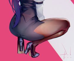 Rule 34 | 1girl, ass, bartender, black footwear, black skirt, blouse, brown pantyhose, close-up, commentary request, head out of frame, high heels, highres, jill stingray, juliet sleeves, long hair, long sleeves, miniskirt, pantyhose, puffy sleeves, puk (higanbana doujin), shirt, side slit, skirt, solo, spread legs, squatting, tiptoes, trefoil, twintails, va-11 hall-a, white shirt