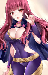 Rule 34 | 1girl, belt, black cape, bodysuit, breasts, cape, choker, cleavage, commentary request, covered navel, cowboy shot, facial mark, fire emblem, fire emblem engage, gluteal fold, highres, kirishima riona, large breasts, long hair, nintendo, pink choker, purple bodysuit, red eyes, red hair, solo, standing, star (symbol), thighs, very long hair, yellow belt, yunaka (fire emblem)