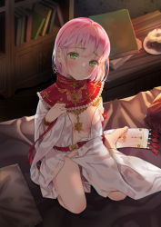 Rule 34 | 1girl, agnamore, bad id, bad pixiv id, barefoot, bed, blush, book, bookshelf, breasts, burning, candle, closed mouth, commentary, dress, english commentary, fire, green eyes, groin, hand up, head tilt, highres, looking at viewer, navel, no bra, no panties, on bed, open clothes, open dress, original, pillow, pink hair, sitting, small breasts, solo, wariza, white dress