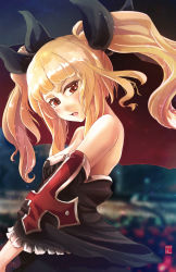 Rule 34 | absurdres, artist name, back, bare shoulders, black dress, black ribbon, blazblue, blonde hair, blunt bangs, commentary, detached sleeves, dress, english commentary, field, flower, flower field, from side, hair ribbon, highres, looking at viewer, looking to the side, open mouth, rachel alucard, red eyes, red flower, red rose, ribbon, rose, sergio nhur, signature, tongue, twintails, upper body, vampire, wide sleeves