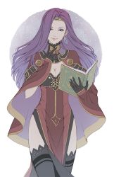 Rule 34 | 1girl, black gloves, black thighhighs, book, breasts, capelet, circlet, cleavage, dress, earrings, eyelashes, fire emblem, fire emblem echoes: shadows of valentia, fire emblem gaiden, gloves, hair over one eye, holding, holding book, jewelry, lace, lace-trimmed legwear, lace trim, large breasts, lips, long hair, nintendo, purple eyes, purple hair, red dress, seductive smile, side slit, simple background, smile, solo, sonya (fire emblem gaiden), star (sky), thighhighs, thighs, turtleneck, white background