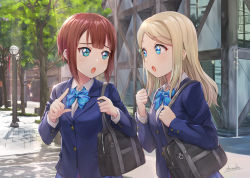 Rule 34 | 10s, 3girls, :o, ^ ^, ayase alisa, bag, blazer, blonde hair, blue bow, blue eyes, blue jacket, blue neckwear, blue skirt, bow, bowtie, brown hair, building, closed eyes, collared shirt, commentary request, day, dress shirt, green eyes, hair bow, hair ornament, hairclip, hand up, highres, index finger raised, jacket, kosaka honoka, kosaka yukiho, lamppost, long hair, long sleeves, looking at another, love live!, love live! school idol project, multiple girls, one side up, open mouth, orange hair, otonokizaka school uniform, outdoors, own hands together, parted bangs, school bag, school uniform, shamakho, shirt, short hair, sidelocks, signature, skirt, standing, striped bow, striped bowtie, striped clothes, striped neckwear, sunlight, tree, upper body, white shirt, yellow bow