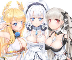 Rule 34 | 3girls, absurdres, ahoge, anchor, armpits, azur lane, bare shoulders, black bow, blonde hair, blue eyes, blue flower, blue gemstone, bow, breasts, center opening, chain, cleavage, detached collar, dress, elbow gloves, flower, formidable (azur lane), frilled dress, frills, gem, gloves, gold chain, hair ribbon, hand on own chest, hat, highres, illustrious (azur lane), large breasts, laurel crown, long hair, looking at viewer, multiple girls, navel, neckwear between breasts, platinum blonde hair, red eyes, ribbon, shinka (user rcem8835), simple background, sun hat, twintails, v, victorious (azur lane), white background, white dress, white gloves, white hair, white headwear, white neckwear