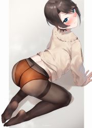 Rule 34 | 1girl, all fours, aqua eyes, ass, blush, brown hair, closed mouth, forehead, frikulu, from above, frown, highres, hololive, long sleeves, looking at viewer, looking back, no shoes, oozora subaru, oozora subaru (casual), orange panties, outside border, panties, panties under pantyhose, pantyhose, plantar flexion, pout, see-through, short hair, simple background, soles, solo, swept bangs, thighband pantyhose, underwear, virtual youtuber
