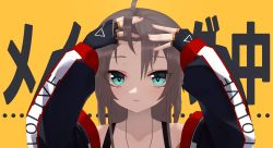 Rule 34 | 1girl, absurdres, ahoge, arms up, black gloves, blue eyes, brown hair, collarbone, commentary request, eyes visible through hair, fingerless gloves, gloves, highres, hololive, long hair, long sleeves, looking at viewer, natsuiro matsuri, natsuiro matsuri (gaming casual), parted lips, puffy long sleeves, puffy sleeves, simple background, solo, thomas 8000, translation request, upper body, virtual youtuber, yellow background