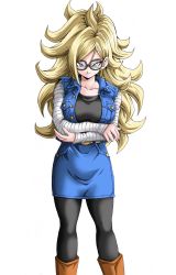 Rule 34 | 1girl, android 18, android 21, belt, blonde hair, blue eyes, boots, cosplay, dragon ball, dragonball z, ear piercing, earrings, full body, glasses, highres, jacket, jewelry, leggings, long hair, long sleeves, looking at viewer, pantyhose, piercing, shiny clothes, short hair, simple background, skin tight, skirt, solo, white background, young jijii