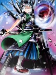 Rule 34 | 1girl, adapted costume, armor, bare tree, black hairband, blue eyes, blue skirt, blurry, blurry background, closed mouth, commentary request, dou, from below, full body, green kimono, grey hair, hairband, holding, holding sword, holding weapon, japanese armor, japanese clothes, kimono, konpaku youmu, kote, kusazuri, light particles, looking at viewer, multiple swords, outdoors, retasu, shaded face, short hair, short sleeves, skirt, solo, standing, sword, touhou, tree, v-shaped eyebrows, weapon