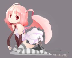 Rule 34 | 1girl, arm support, artist name, bad id, bad twitter id, blush, dice, dress, elbow gloves, flower, gloves, grey background, grey thighhighs, hair ornament, highres, kneeling, looking at viewer, necktie, no shoes, original, pink dress, pink eyes, pink hair, short hair, short twintails, signature, simple background, smile, solo, striped clothes, striped thighhighs, thighhighs, translation request, twintails, uni mate, v arms, wings