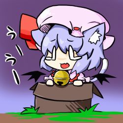 Rule 34 | 1girl, animal ears, bad id, bad pixiv id, bat wings, bell, box, cat ears, cat girl, chibi, female focus, gradient background, hiyokichi, in box, in container, kemonomimi mode, nature, remilia scarlet, short hair, solo, tears, touhou, wings