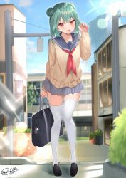 Rule 34 | 1girl, absurdres, blush, cardigan, double bun, dress, earrings, green hair, hair bun, hair ornament, highres, hololive, hololive fantasy, jewelry, looking at viewer, neckerchief, open mouth, pleated skirt, red eyes, sailor collar, school uniform, serafuku, shiina aoi, short hair, skirt, skull collar, skull earrings, smile, solo, thighhighs, uruha rushia, virtual youtuber