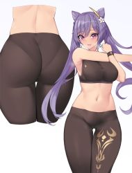1girl, ass, bangs, bare shoulders, black pants, black sports bra, breasts, commentary, earrings, eyebrows visible through hair, flower, from behind, genshin impact, gluteal fold, hair between eyes, hair flower, hair ornament, heavy breathing, jewelry, keqing (genshin impact), kuavera, long hair, looking at viewer, multiple views, navel, open mouth, pants, pantylines, purple eyes, purple hair, shiny, shiny hair, simple background, smile, sparkle print, sports bra, standing, steaming body, stretch, sweat, thigh gap, thighs, twintails, white flower, yoga pants