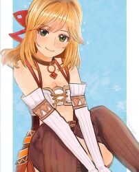 Rule 34 | 1girl, blonde hair, breasts, closed mouth, collarbone, detached sleeves, feet out of frame, fiora (xenoblade), green eyes, highres, long hair, looking at viewer, midriff, miniskirt, skirt, small breasts, smile, solo, thighhighs, tochiryo, xenoblade chronicles (series), xenoblade chronicles 1