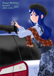 Rule 34 | 1girl, alternate hairstyle, artist name, artist request, black headwear, blue hair, blue sky, blush, breasts, can, car, crescent, crescent earrings, curly hair, earrings, female focus, floral print, flower print, hair between eyes, highres, holding, holding can, jewelry, long hair, long sleeves, looking at viewer, looking back, love live!, love live! school idol festival, love live! school idol festival all stars, love live! sunshine!!, matsuura kanan, may (sireto zos), medium breasts, motor vehicle, necklace, night, night sky, orange scarf, parted lips, pendant, purple eyes, red scarf, scarf, shirt, sireto zos, sky, smile, solo, white shirt