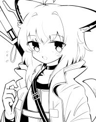 Rule 34 | 1girl, absurdres, ahoge, animal ear fluff, animal ears, arknights, blush, dress, flying sweatdrops, fox ears, fox girl, fox tail, greyscale, hair between eyes, hand up, highres, jacket, long sleeves, looking at viewer, monochrome, open clothes, open jacket, open mouth, simple background, solo, spam (spamham4506), sussurro (arknights), sweat, tail, white background